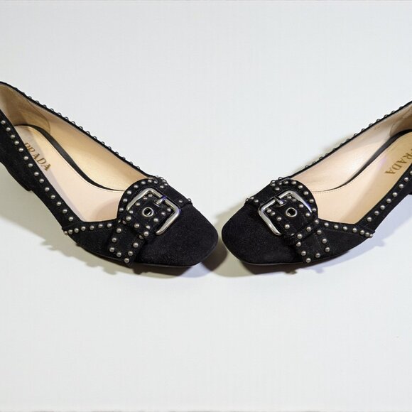 Prada Women's Black Suede Studded Heels,Box & Dust Cover, Size 36, US 5.5 - Picture 7 of 10
